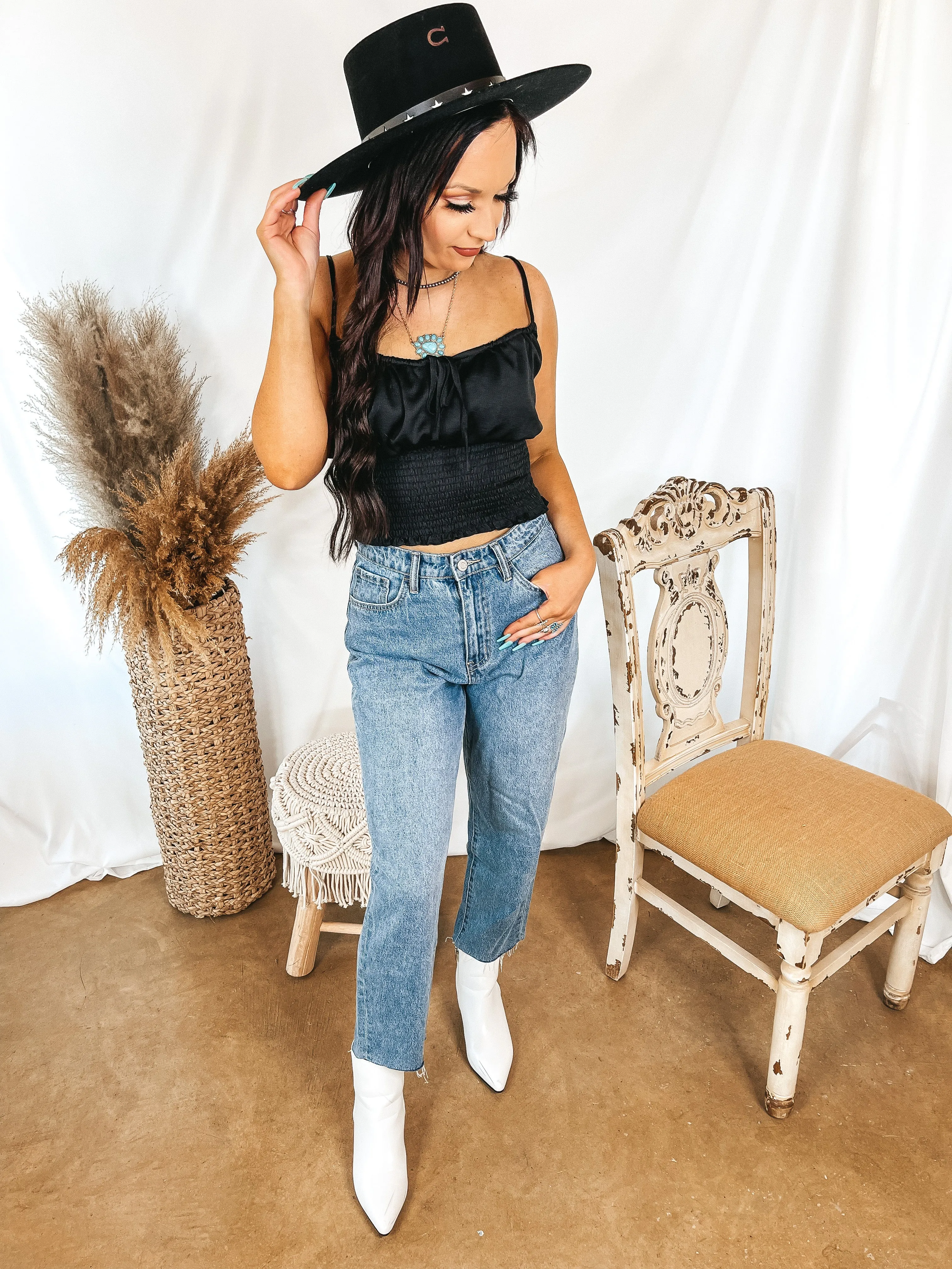 Proud To Be Spaghetti Strap Crop Top with Front Keyhole in Black