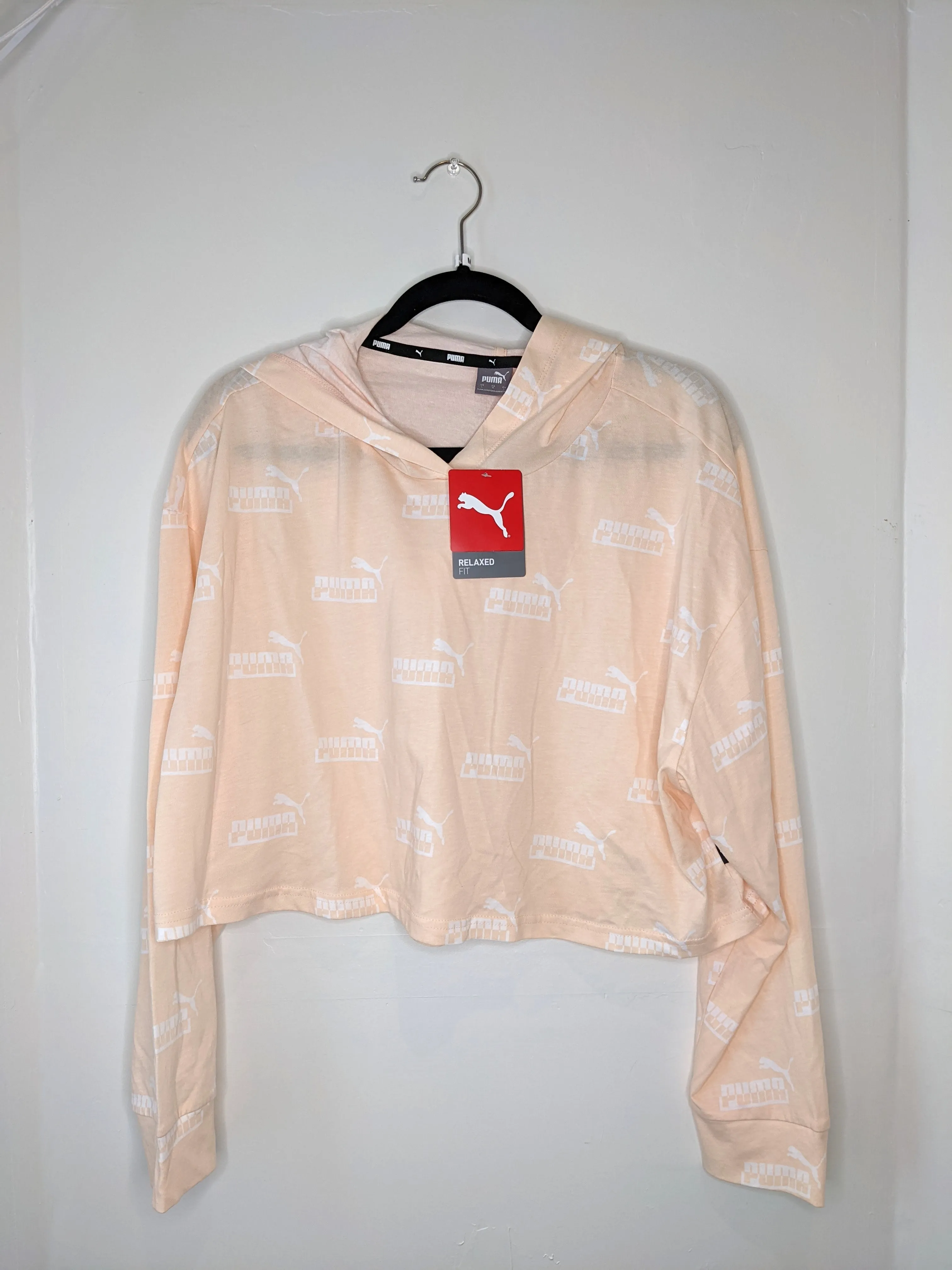 Puma Relaxed Fit Peach Cropped Hooded Long Sleeved Shirt - Large