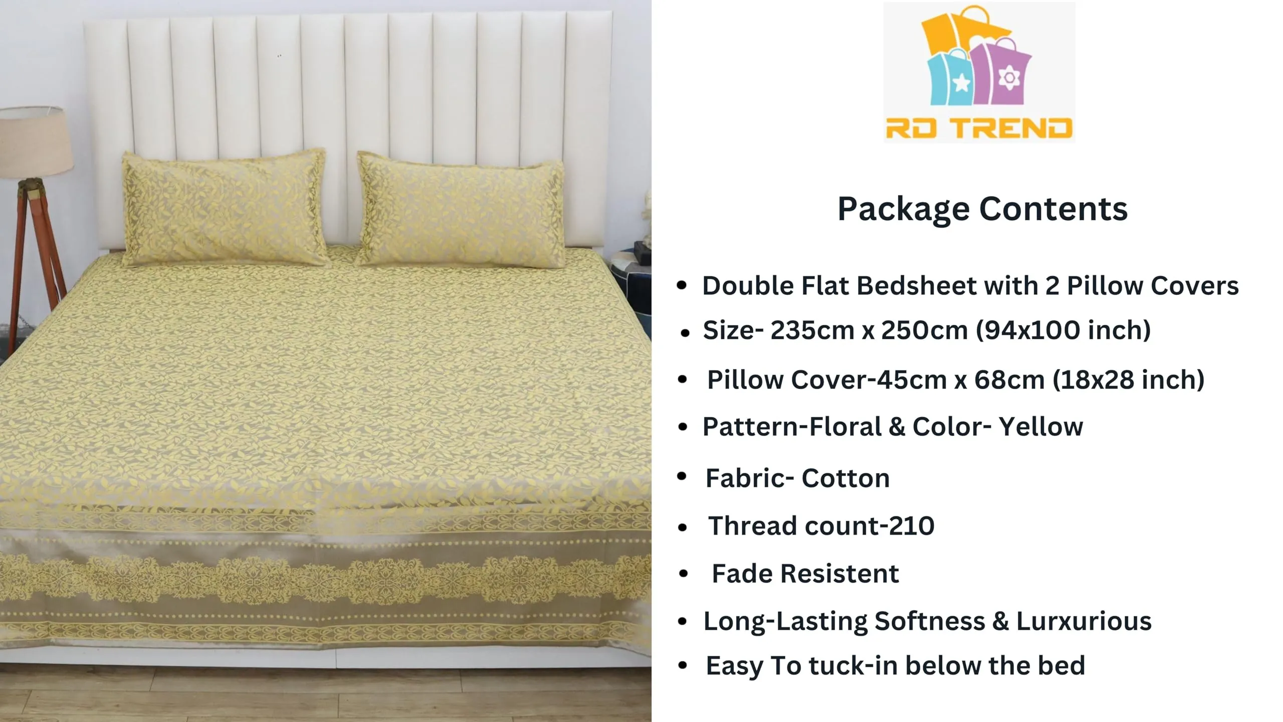 RD TREND 210 Tc Jacquard 100% Cotton Floral King Size 94 Inch (235 Cm) X 100 Inch (250Cm) Double Bedsheet With 2 Pillow Covers Color Yellow