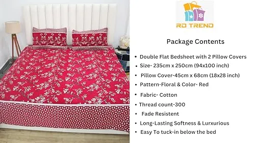 RD TREND 300 TC Jacquard 100% Cotton King Size 94 inch (235 cm) x 100 inch (250cm) Double Bedsheet with 2 Pillow Covers Color Red