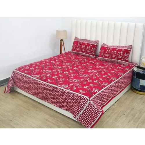 RD TREND 300 TC Jacquard 100% Cotton King Size 94 inch (235 cm) x 100 inch (250cm) Double Bedsheet with 2 Pillow Covers Color Red