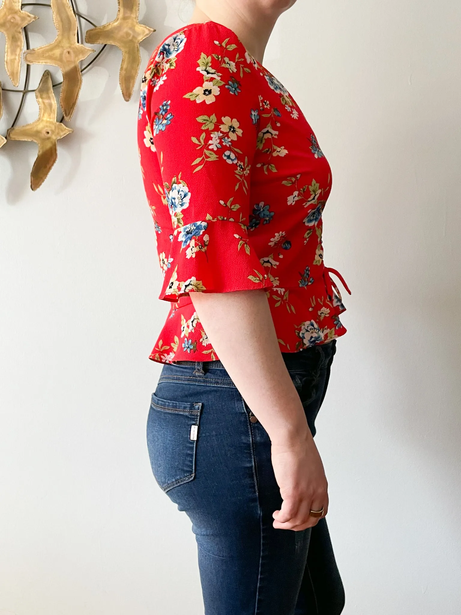 Red Ruffle Sleeve Peplum Floral V-Neck Top - Small