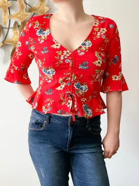 Red Ruffle Sleeve Peplum Floral V-Neck Top - Small