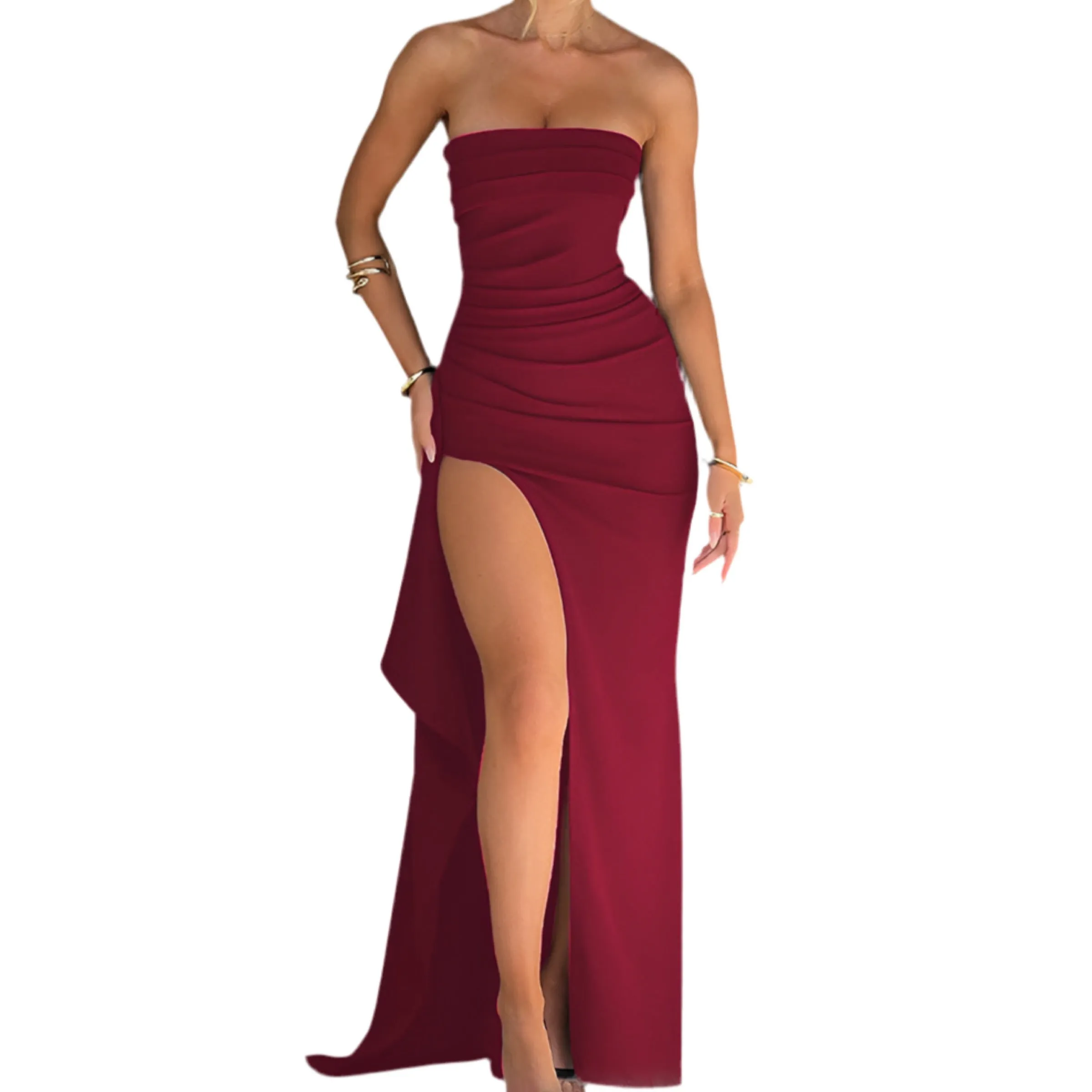 Regal Class Strapless Split Long Dress Pleated Bridesmaid Gown Party Color Black, Red, Wine Red, Blue, Green in Size S, M, L