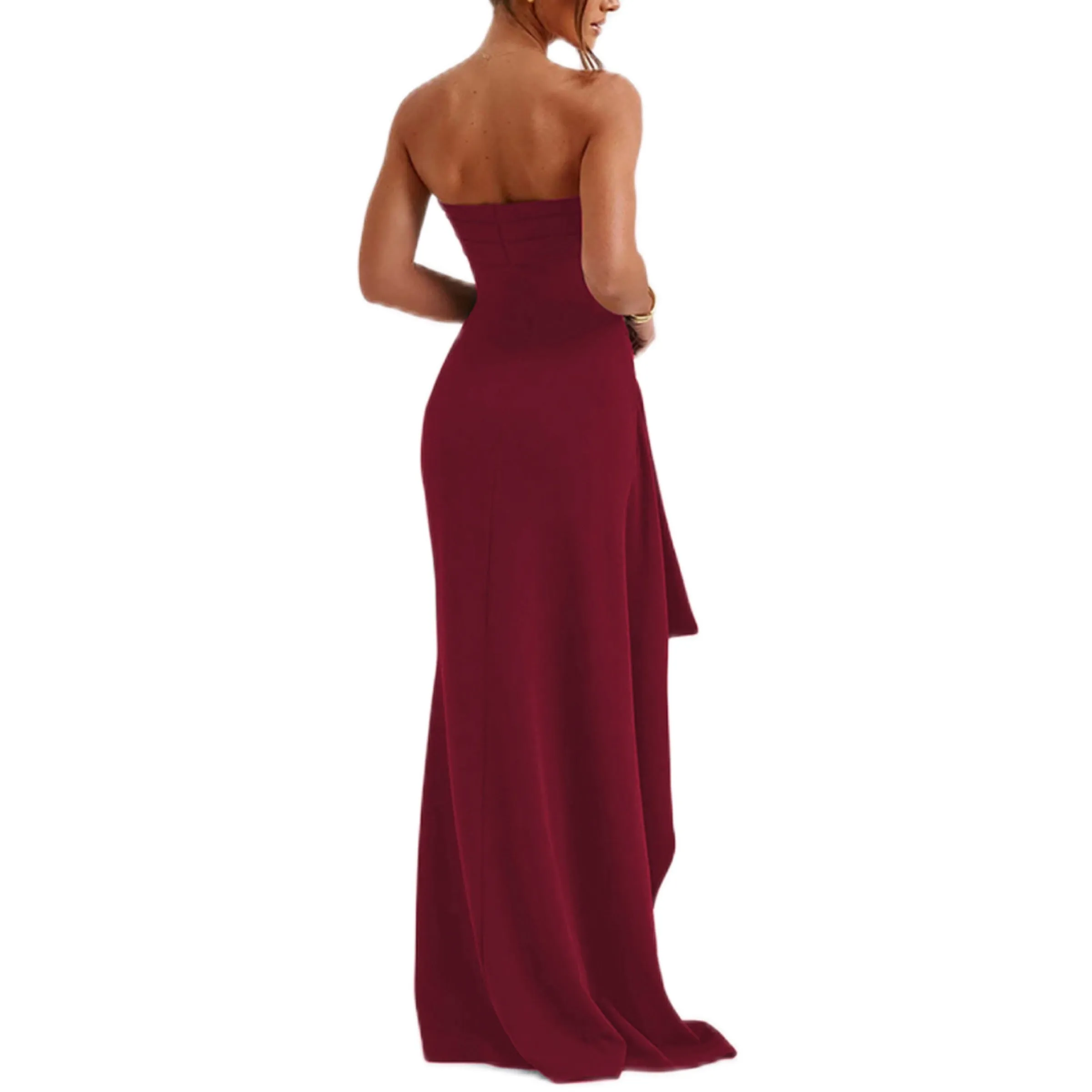 Regal Class Strapless Split Long Dress Pleated Bridesmaid Gown Party Color Black, Red, Wine Red, Blue, Green in Size S, M, L