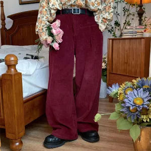 Retro Casual Wide Leg Solid Color Corduroy Pants