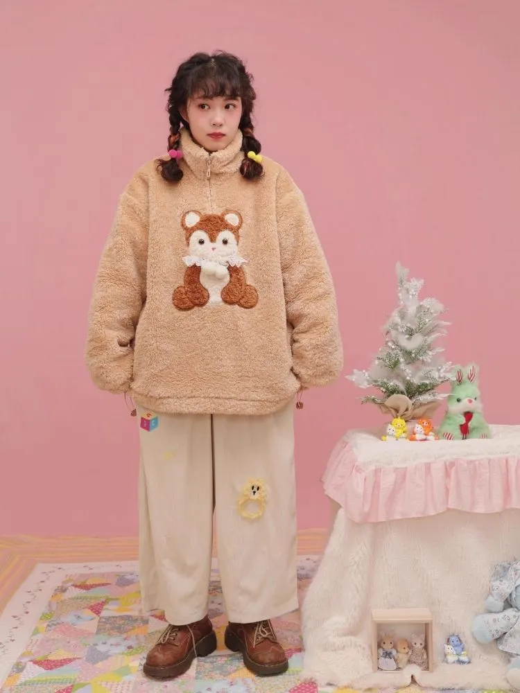 Retro Corduroy Bear Hand Rattle Patch Peplum Casual Pants【s0000004297】