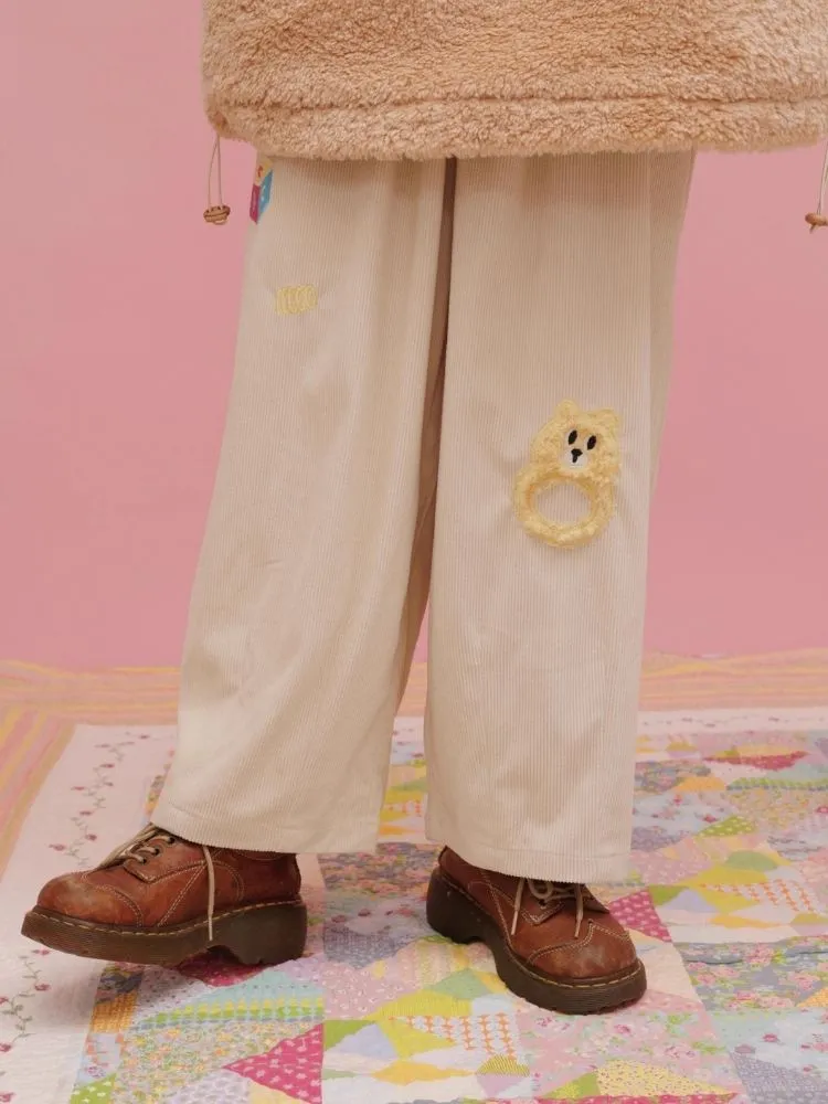 Retro Corduroy Bear Hand Rattle Patch Peplum Casual Pants【s0000004297】