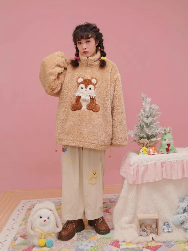 Retro Corduroy Bear Hand Rattle Patch Peplum Casual Pants【s0000004297】