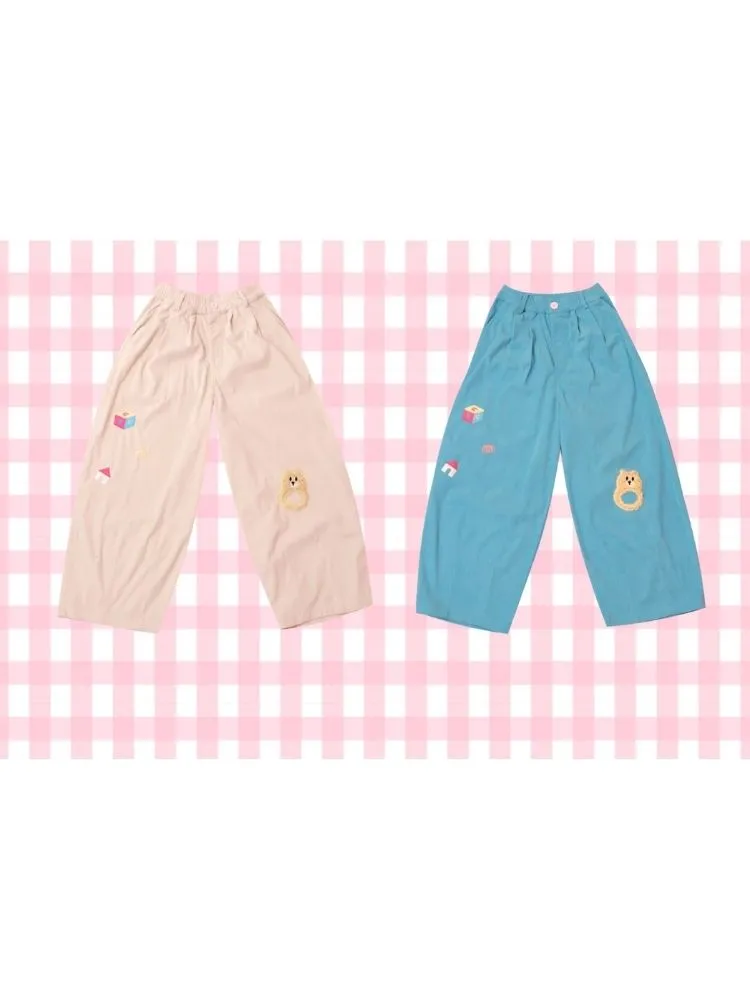 Retro Corduroy Bear Hand Rattle Patch Peplum Casual Pants【s0000004297】