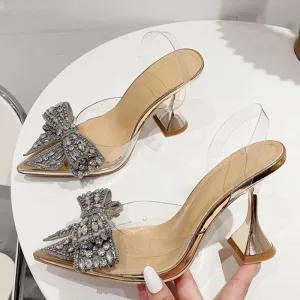 Rich and Opulent Clear Strap and Heels with Rhinestone Bow Accent