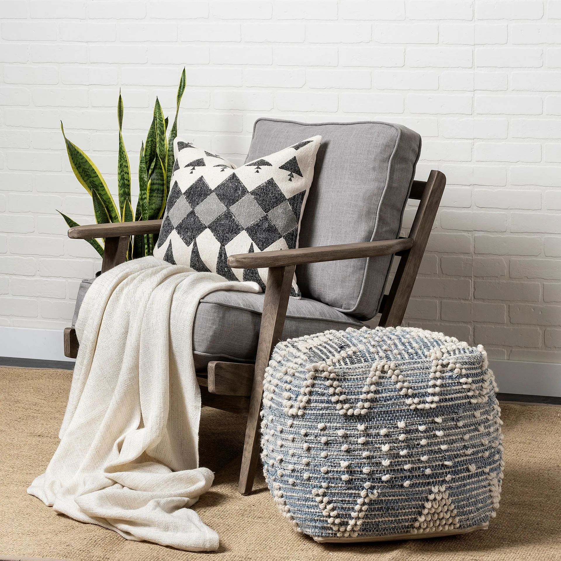 Rofi Pouf Blue Denim & Ivory Cotton