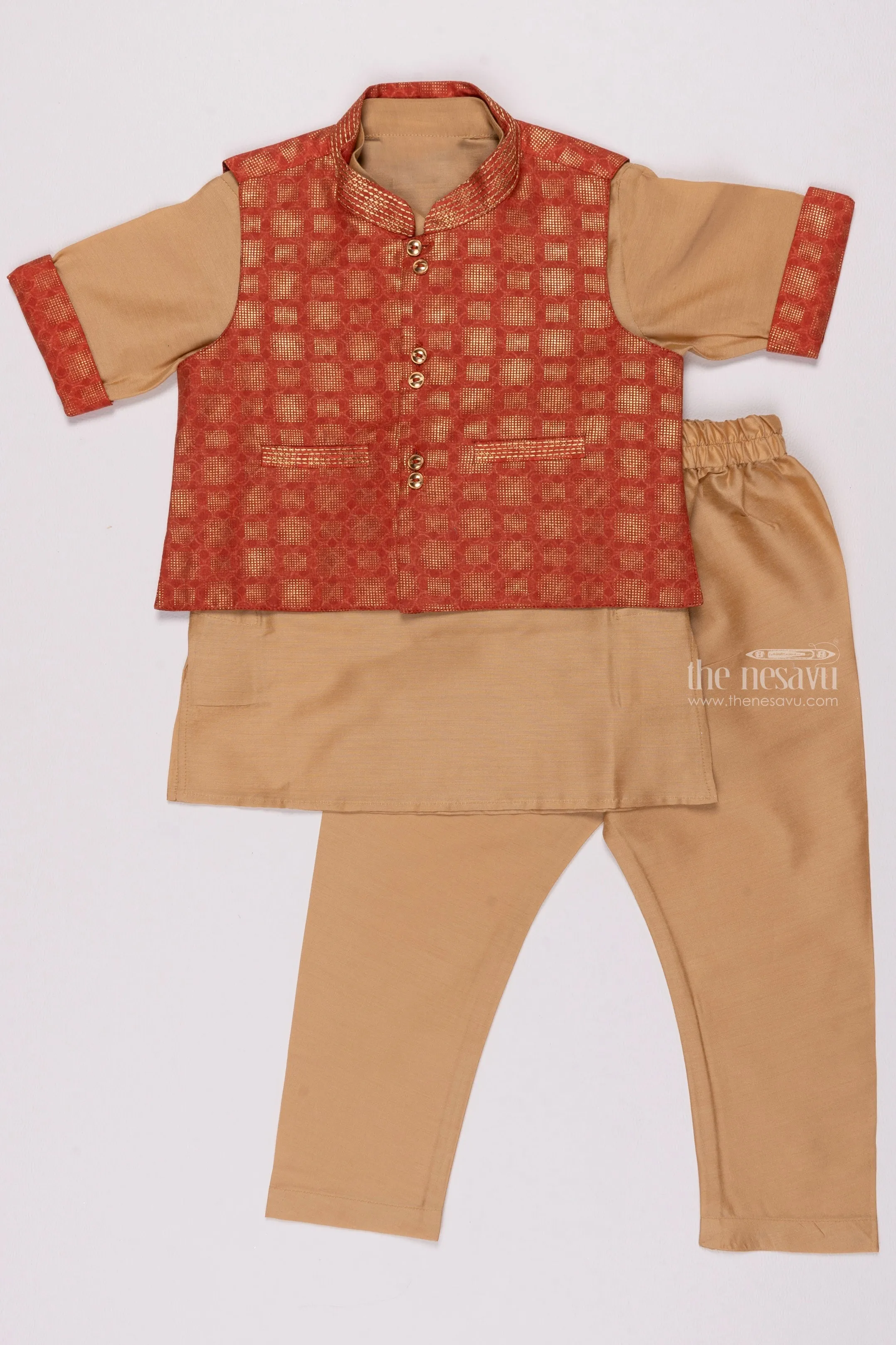 Ruby Radiance: Geometrically Inspired Red Overcoat Kurta & Soft Beige Pant Set for Boys