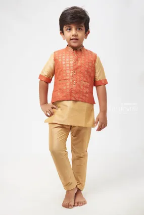 Ruby Radiance: Geometrically Inspired Red Overcoat Kurta & Soft Beige Pant Set for Boys