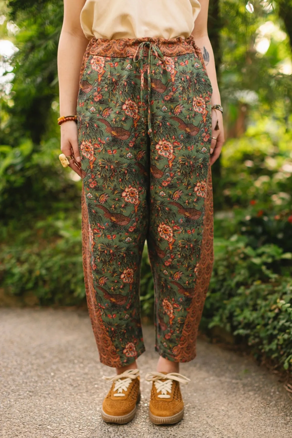 Secret Garden Boho Linen Cropped Printed Artist Pants