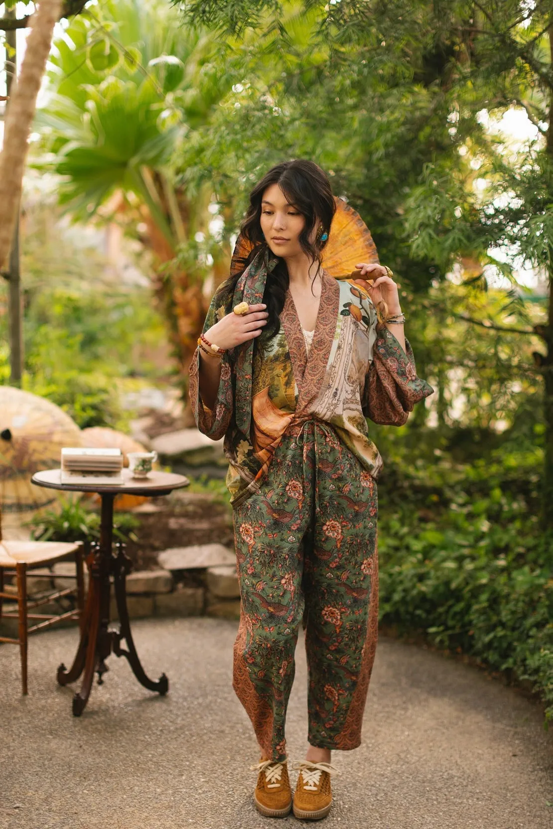 Secret Garden Boho Linen Cropped Printed Artist Pants