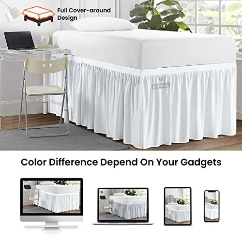 SGI Twin XL 32" Inch Drop Long Dorm Bed Skirt, Ruffled Pattern White College Dorm Room Bed Skirts, Split Corner, Easy Care, No Wrinkle Cotton Microfiber Bed Skirt