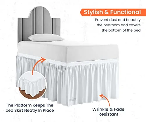 SGI Twin XL 32" Inch Drop Long Dorm Bed Skirt, Ruffled Pattern White College Dorm Room Bed Skirts, Split Corner, Easy Care, No Wrinkle Cotton Microfiber Bed Skirt