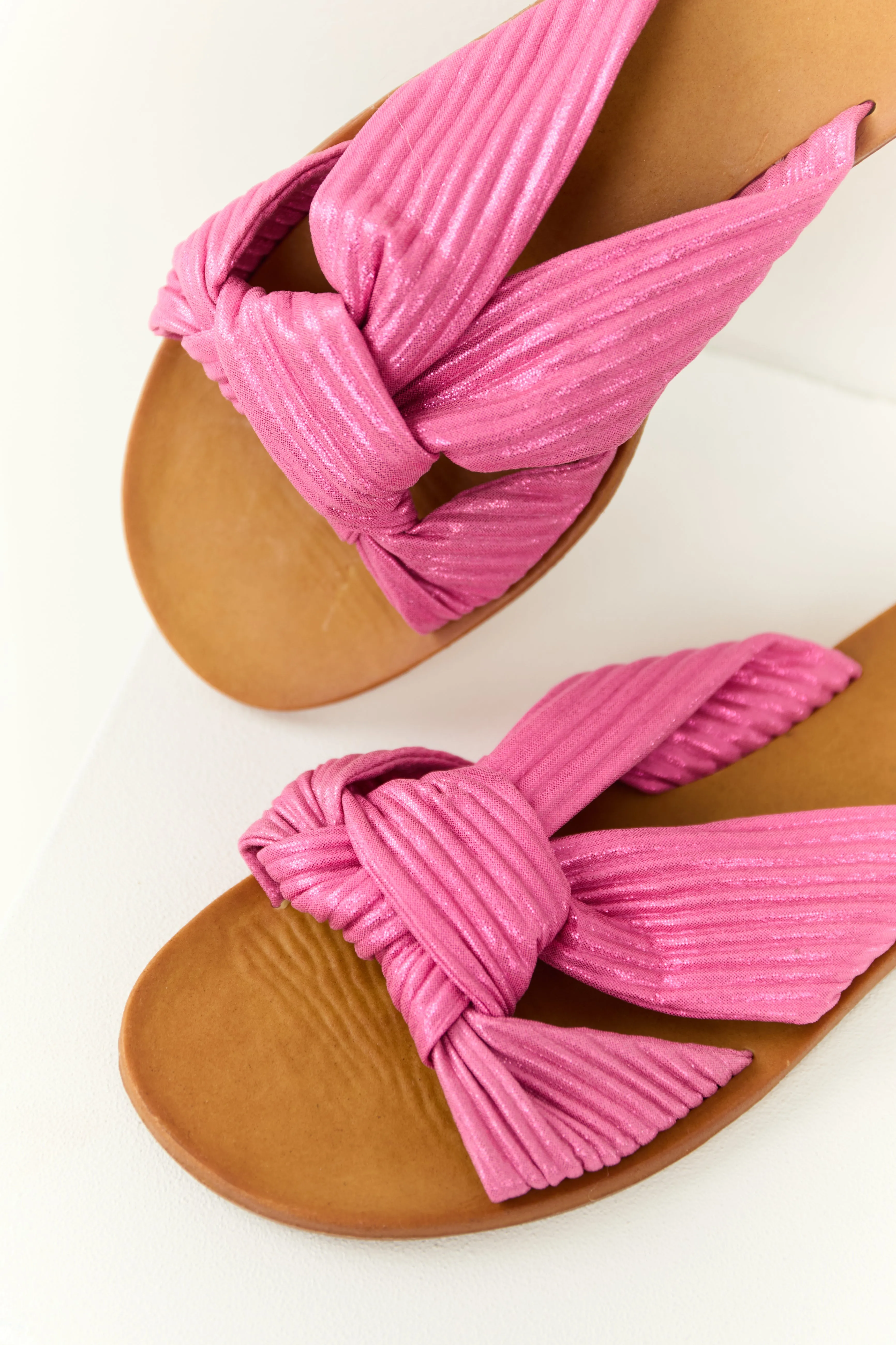 Shiny Bubblegum Fabric Open Toe Slip On Sandals