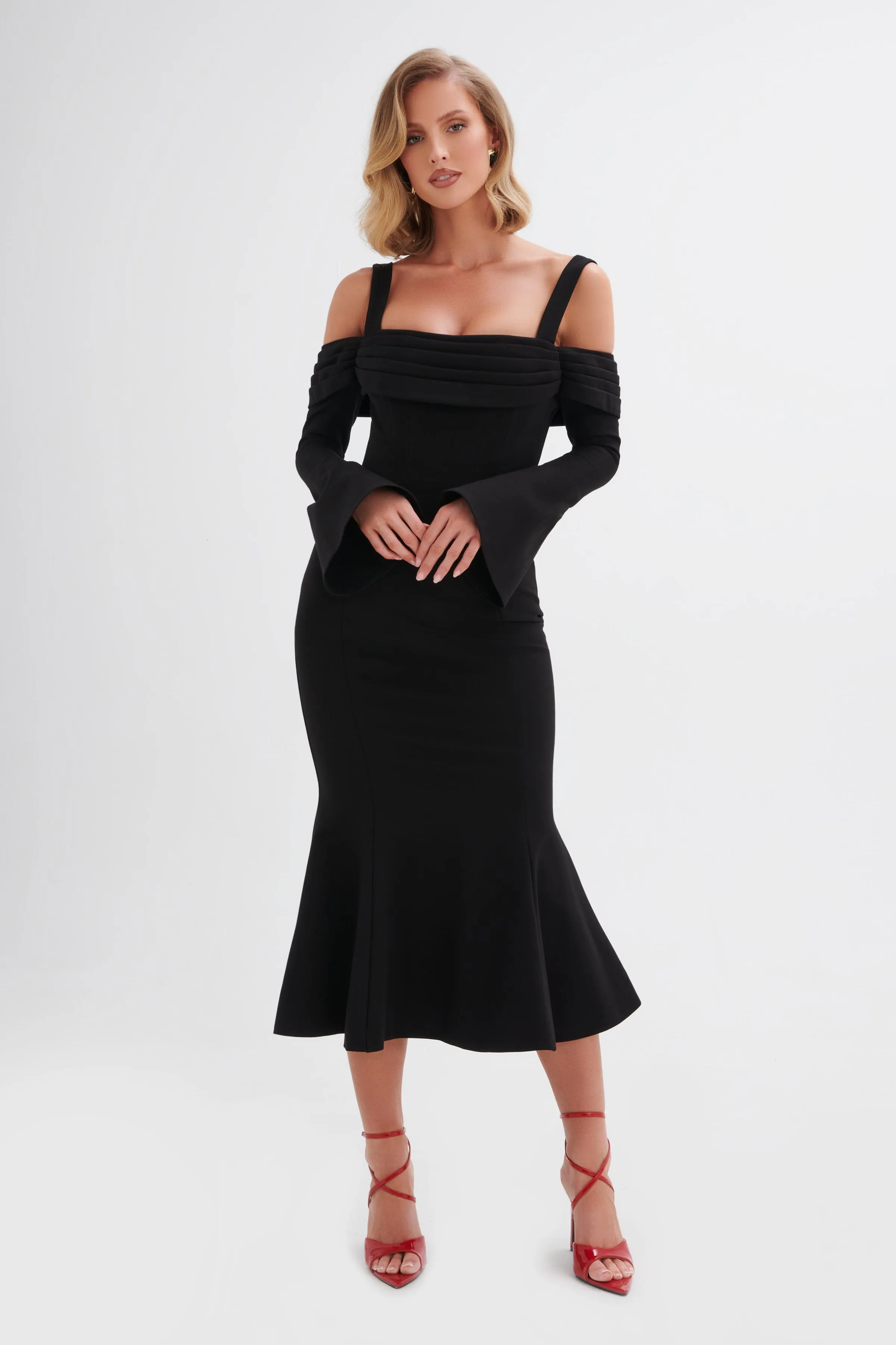 SIA Ponte Pleated Cowl Longline Midi Dress In Black