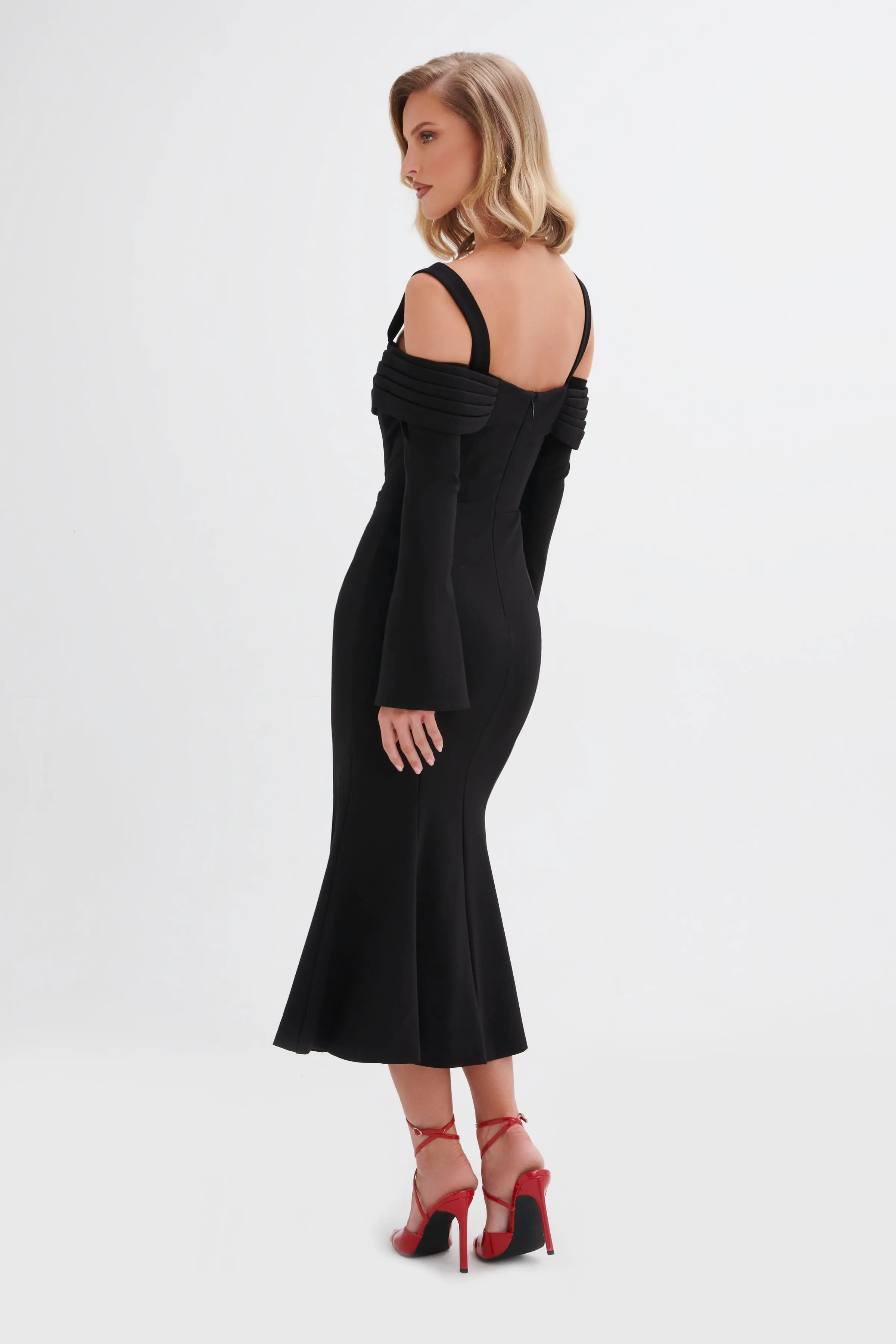 SIA Ponte Pleated Cowl Longline Midi Dress In Black