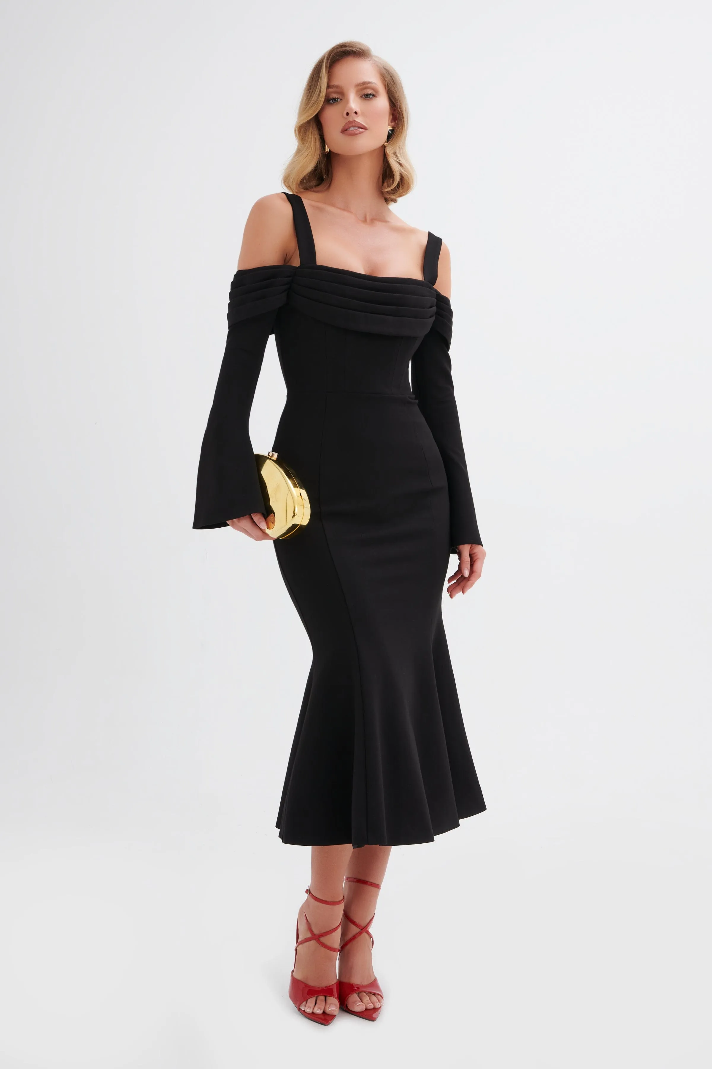 SIA Ponte Pleated Cowl Longline Midi Dress In Black