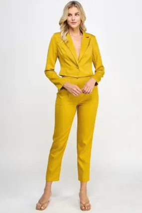 Single Button Crop Blazer With Tailored Pants Set