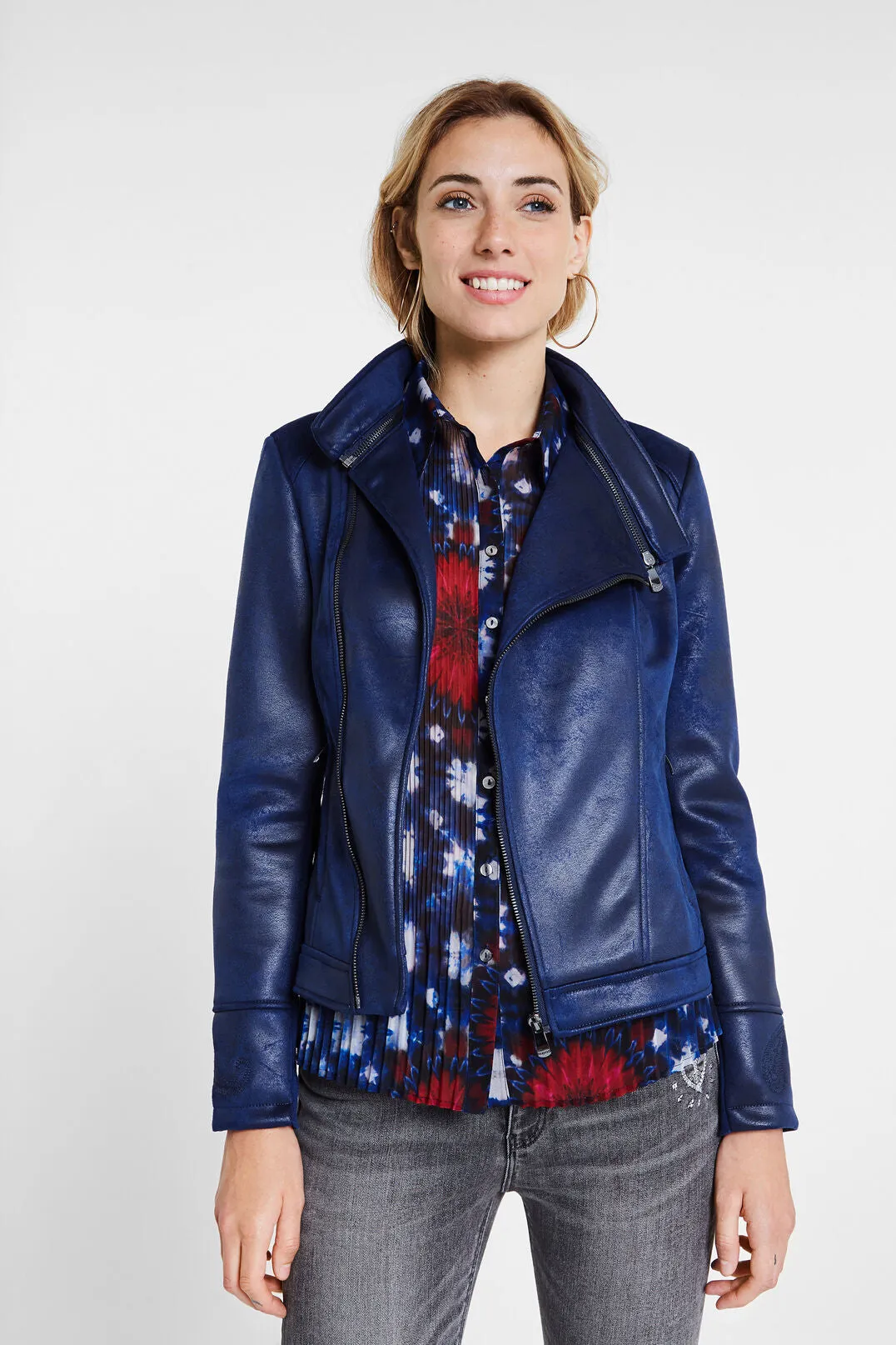 Slim Biker Jacket w/ Embroidery - Jean