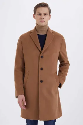 Slim Fit Cachet Notch Lapel Camel Wool Blend Overcoat