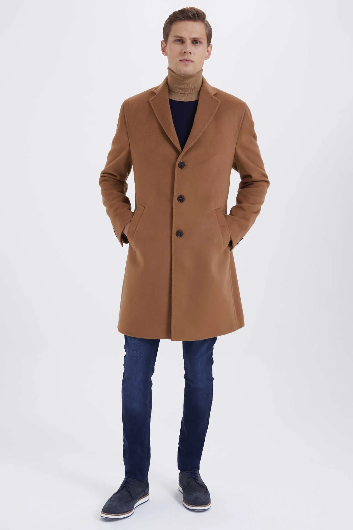 Slim Fit Cachet Notch Lapel Camel Wool Blend Overcoat