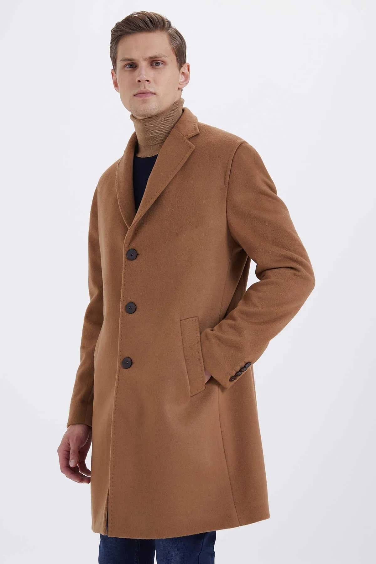 Slim Fit Cachet Notch Lapel Camel Wool Blend Overcoat