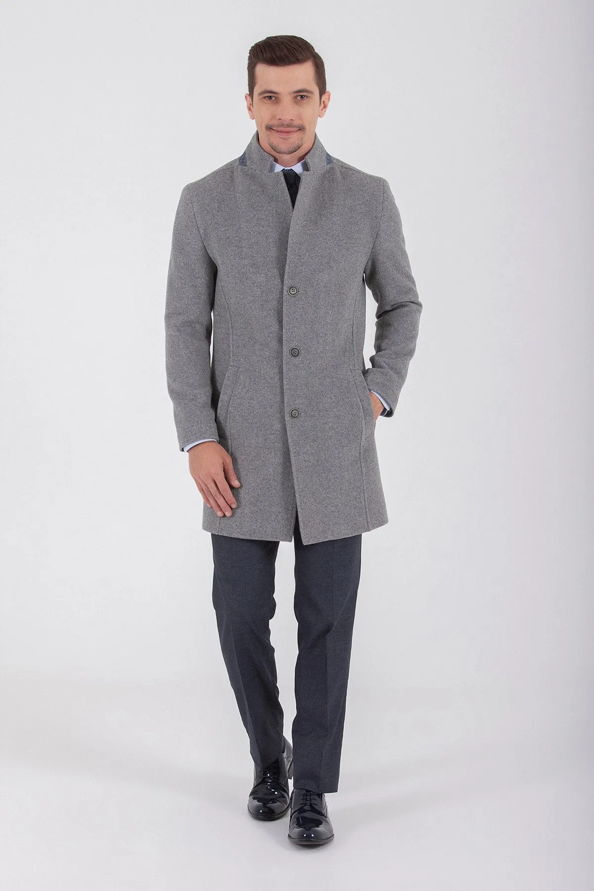 Slim Fit Cachet Notch Lapel Wool Blend Navy Overcoat, Gray