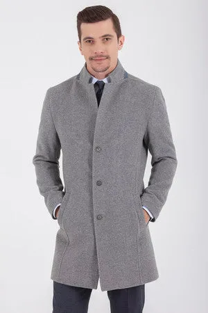 Slim Fit Cachet Notch Lapel Wool Blend Navy Overcoat, Gray