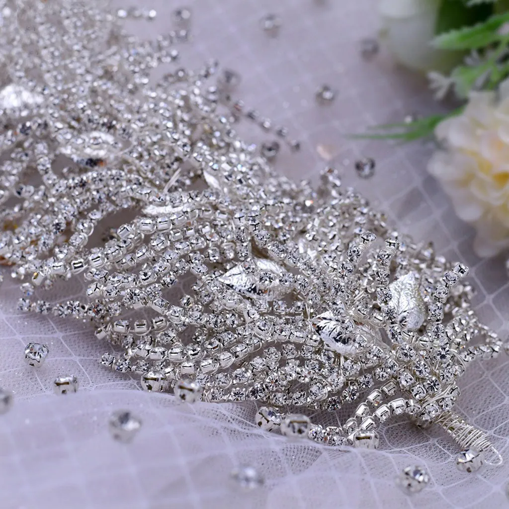 Sparkly Crystal Rhinestone Leaf Embellished Headband - Silver