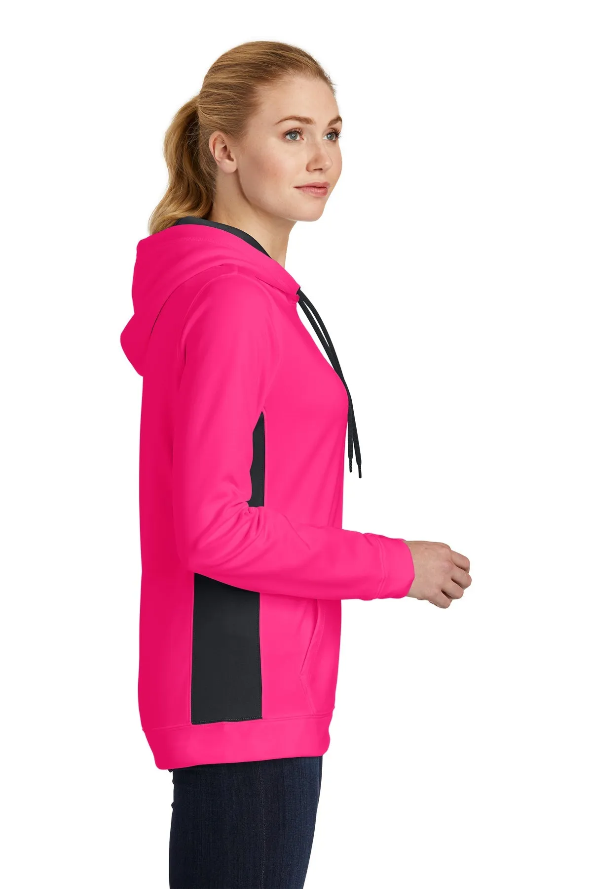 Sport-Tek Ladies Sport-Wick Fleece Colorblock Custom Hooded Pullovers, Neon Pink/ Black