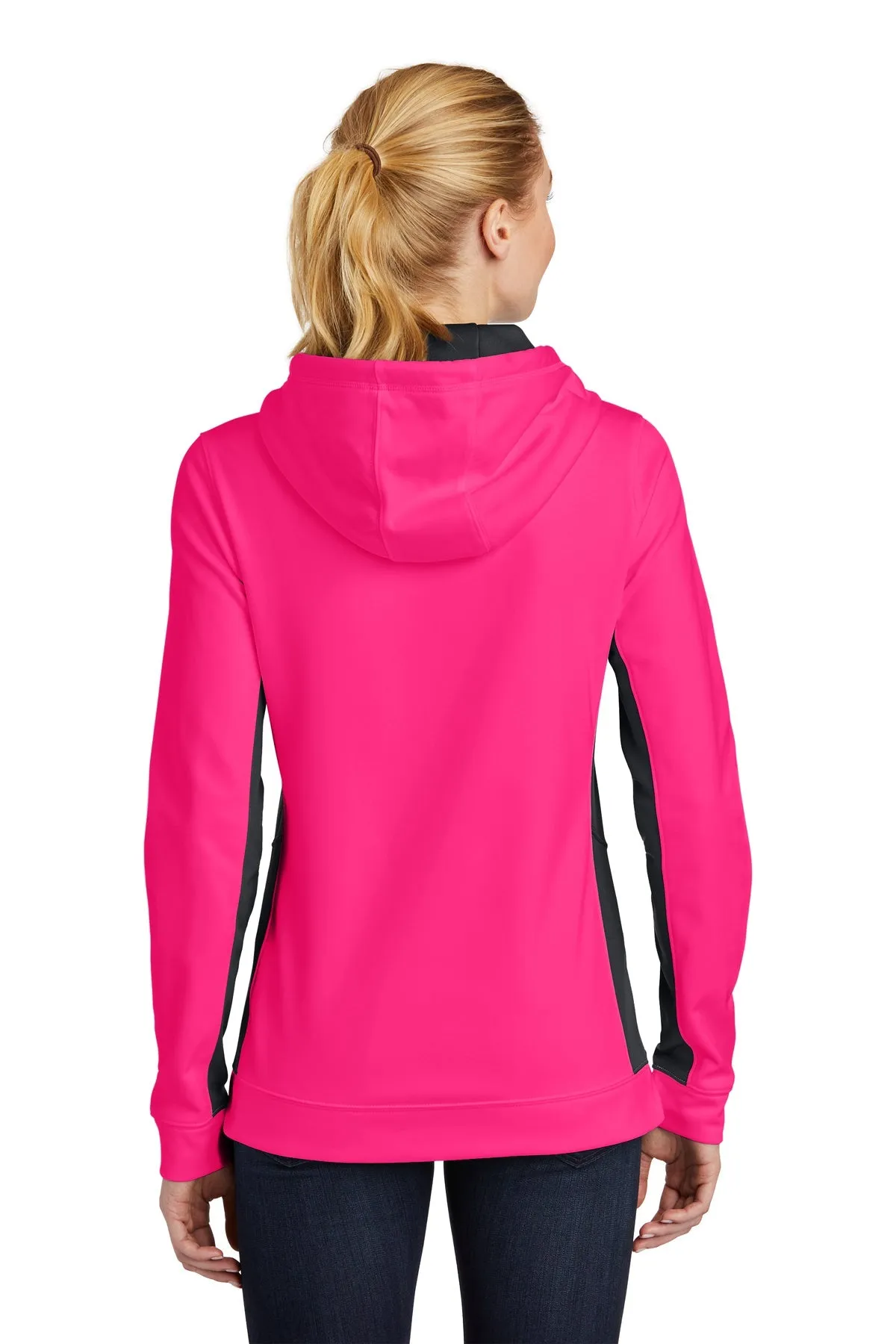 Sport-Tek Ladies Sport-Wick Fleece Colorblock Custom Hooded Pullovers, Neon Pink/ Black