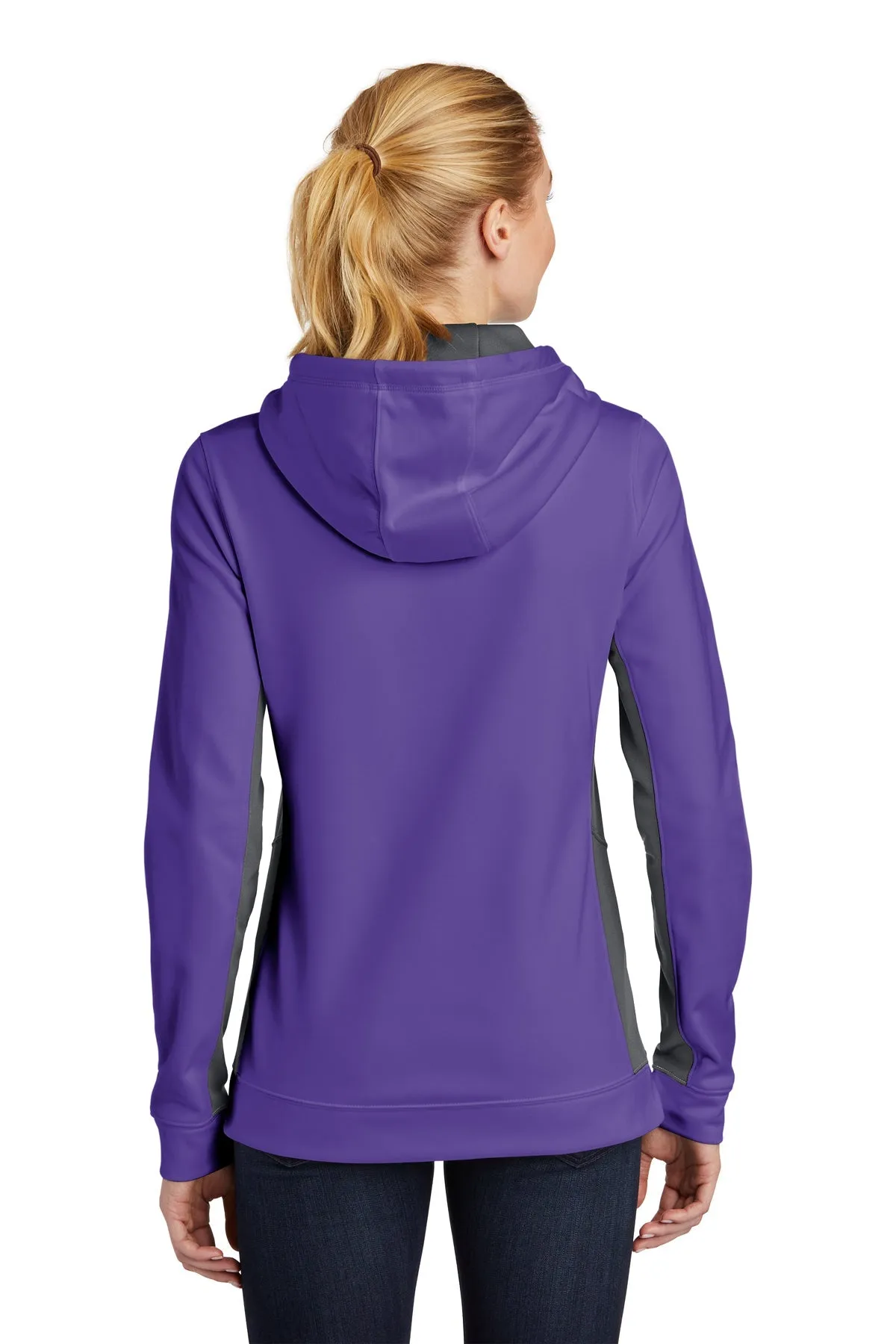 Sport-Tek Ladies Sport-Wick Fleece Colorblock Custom Hooded Pullovers, Purple/ Dark Smoke Grey