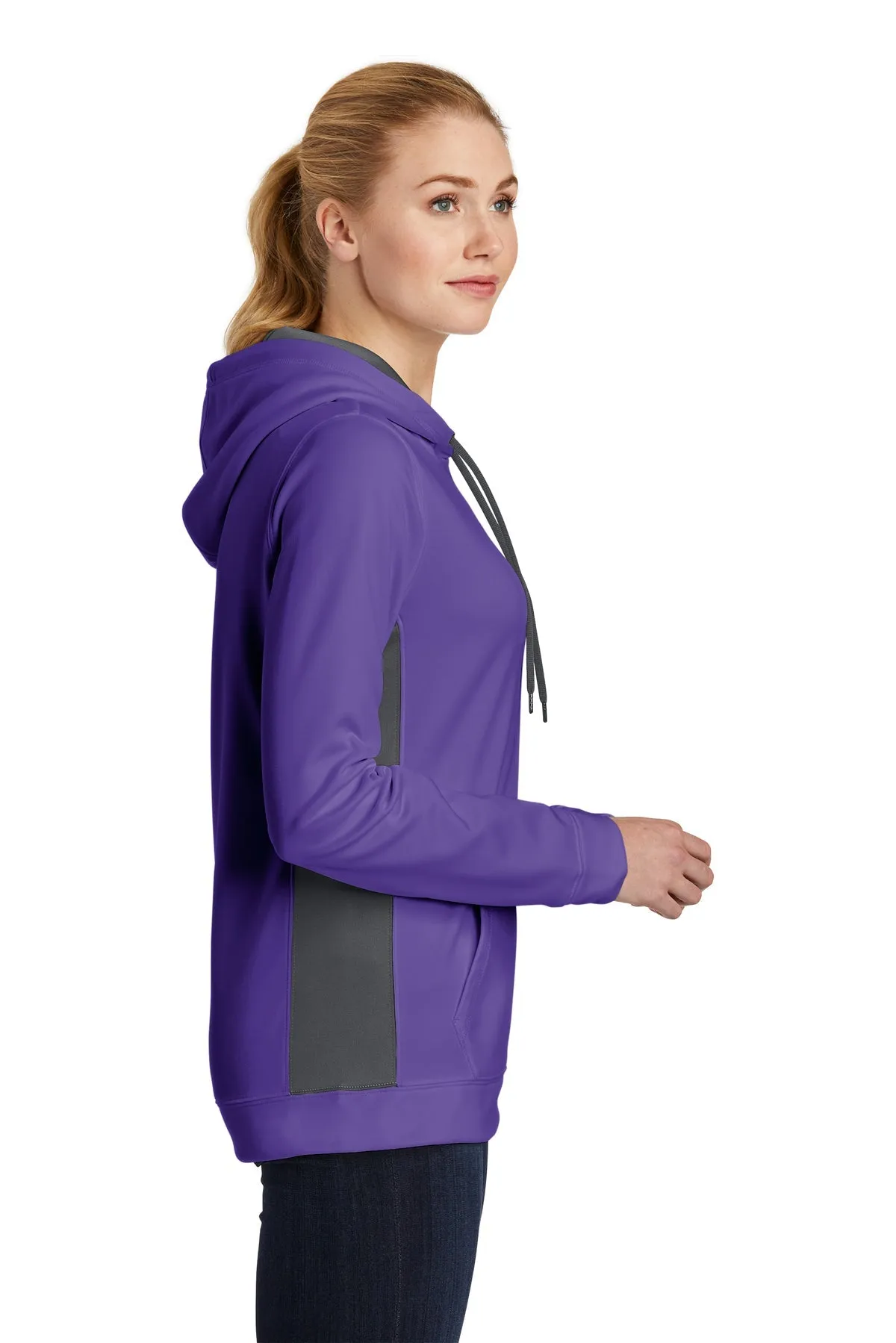 Sport-Tek Ladies Sport-Wick Fleece Colorblock Custom Hooded Pullovers, Purple/ Dark Smoke Grey