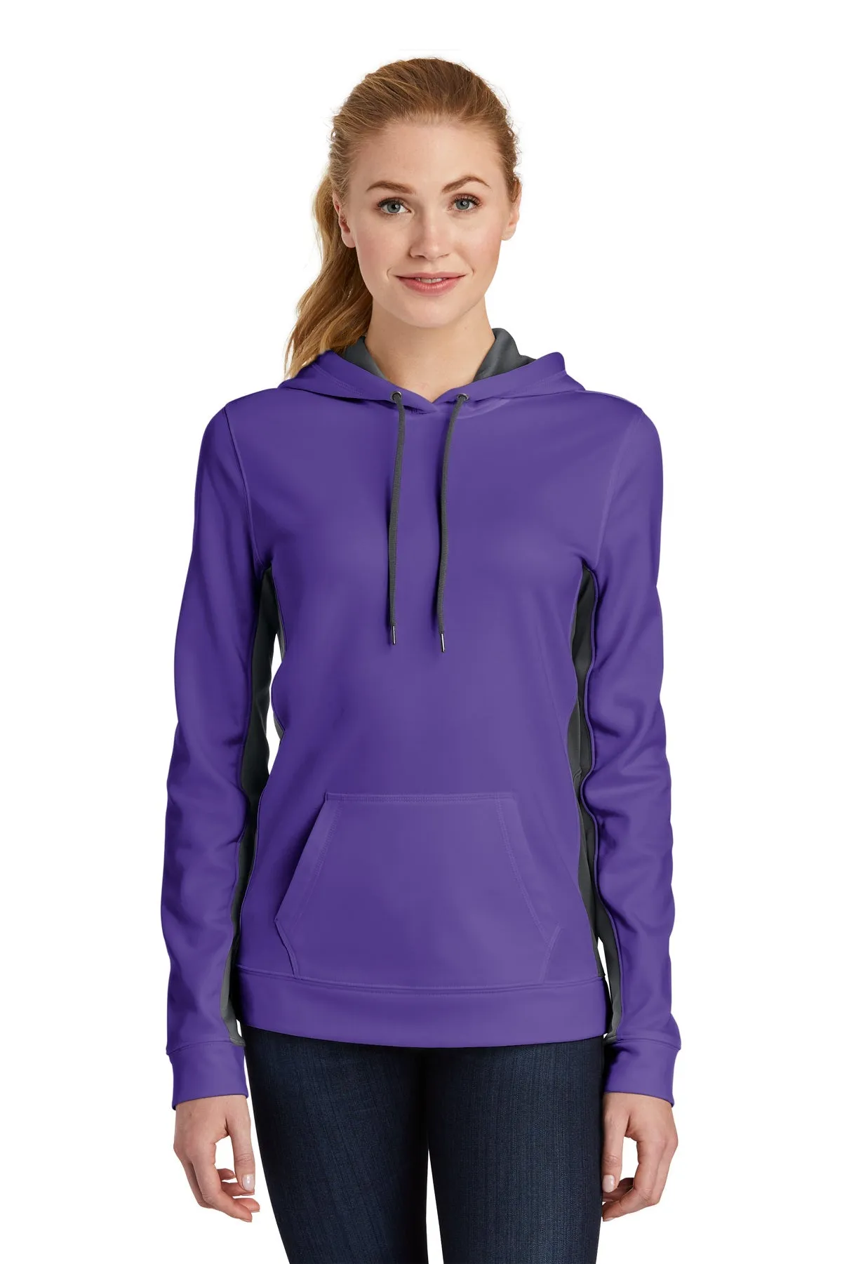 Sport-Tek Ladies Sport-Wick Fleece Colorblock Custom Hooded Pullovers, Purple/ Dark Smoke Grey