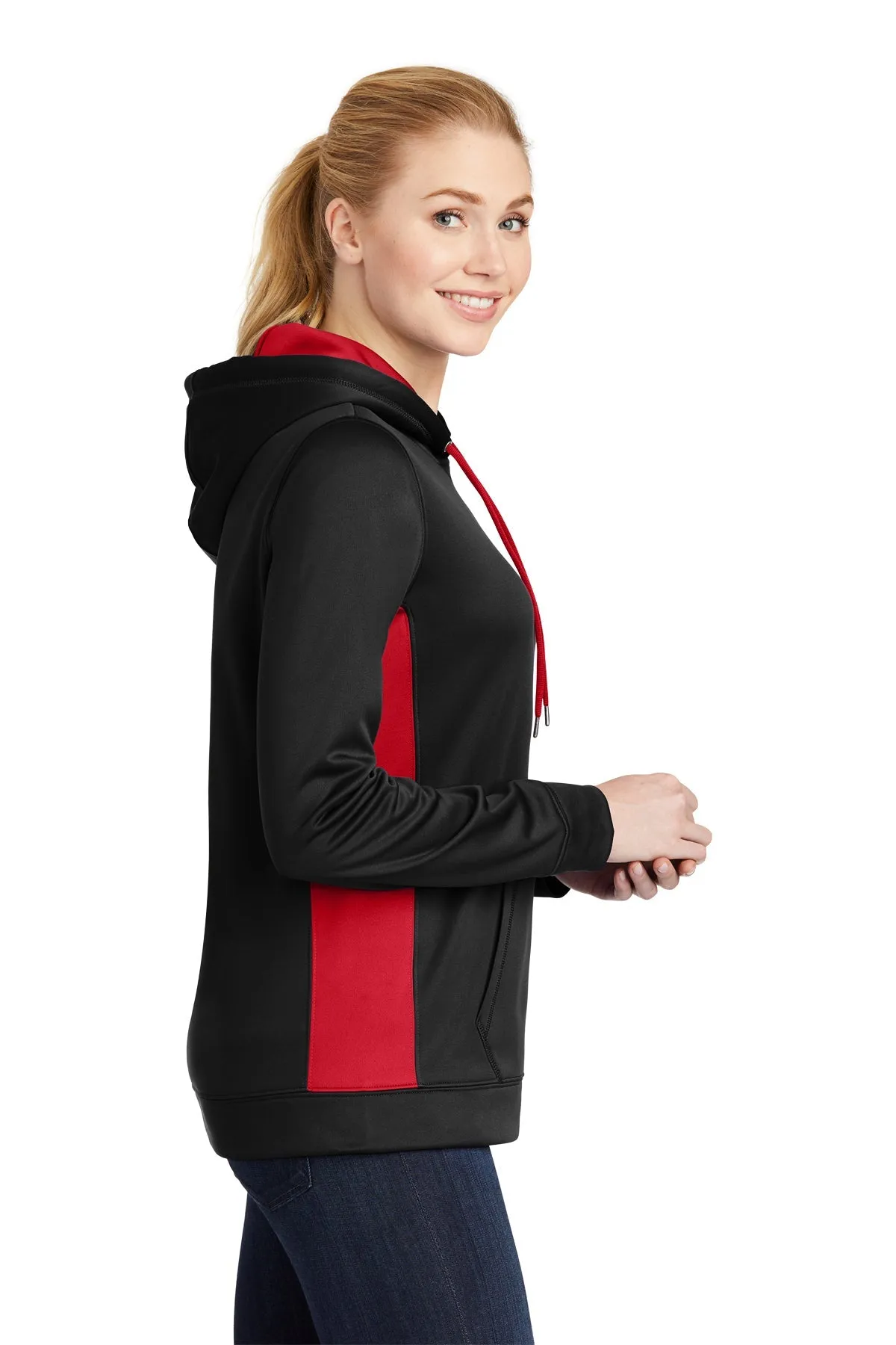 Sport-Tek Ladies Sport-Wick Fleece Colorblock Customized Hooded Pullovers, Black/ Deep Red