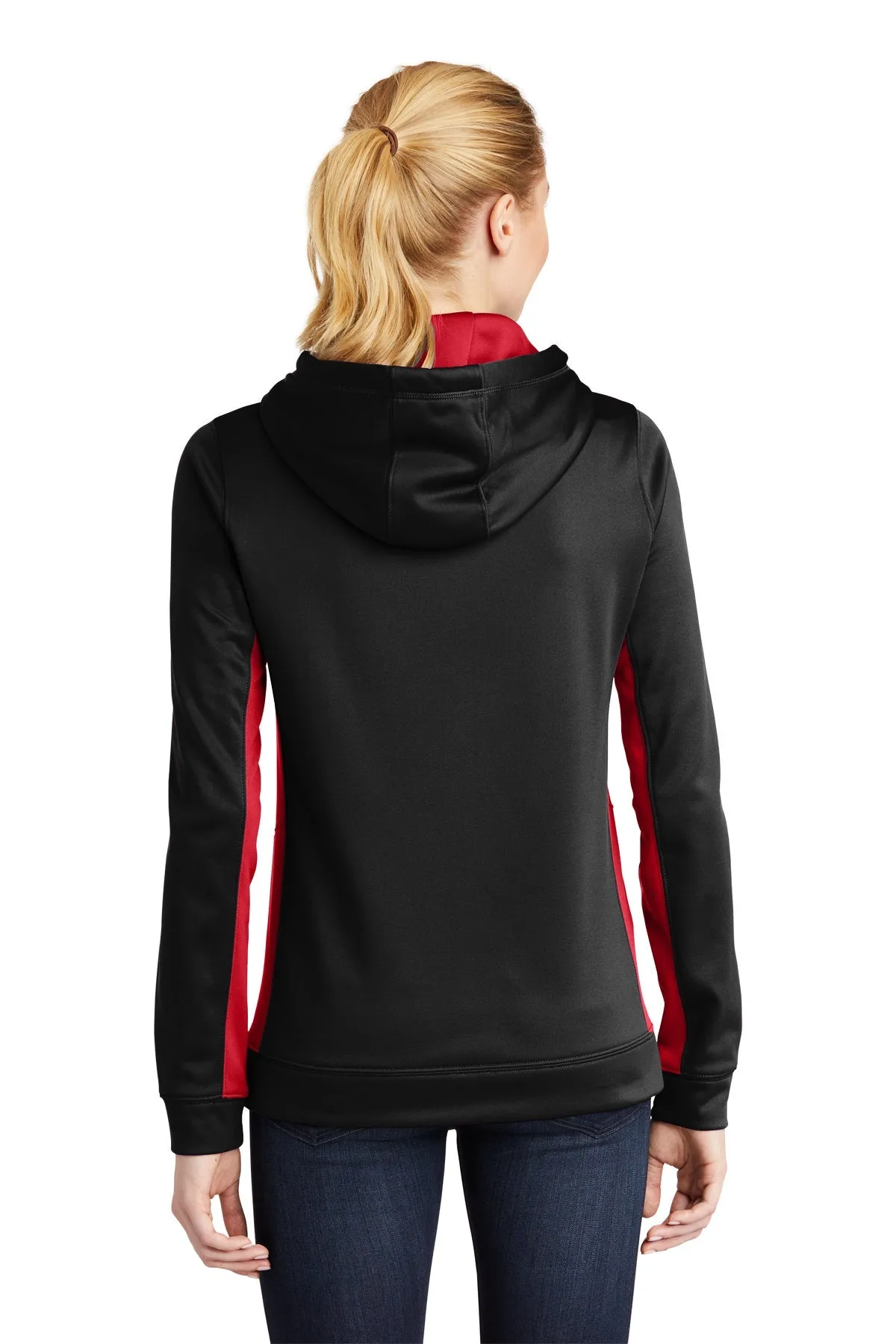 Sport-Tek Ladies Sport-Wick Fleece Colorblock Customized Hooded Pullovers, Black/ Deep Red