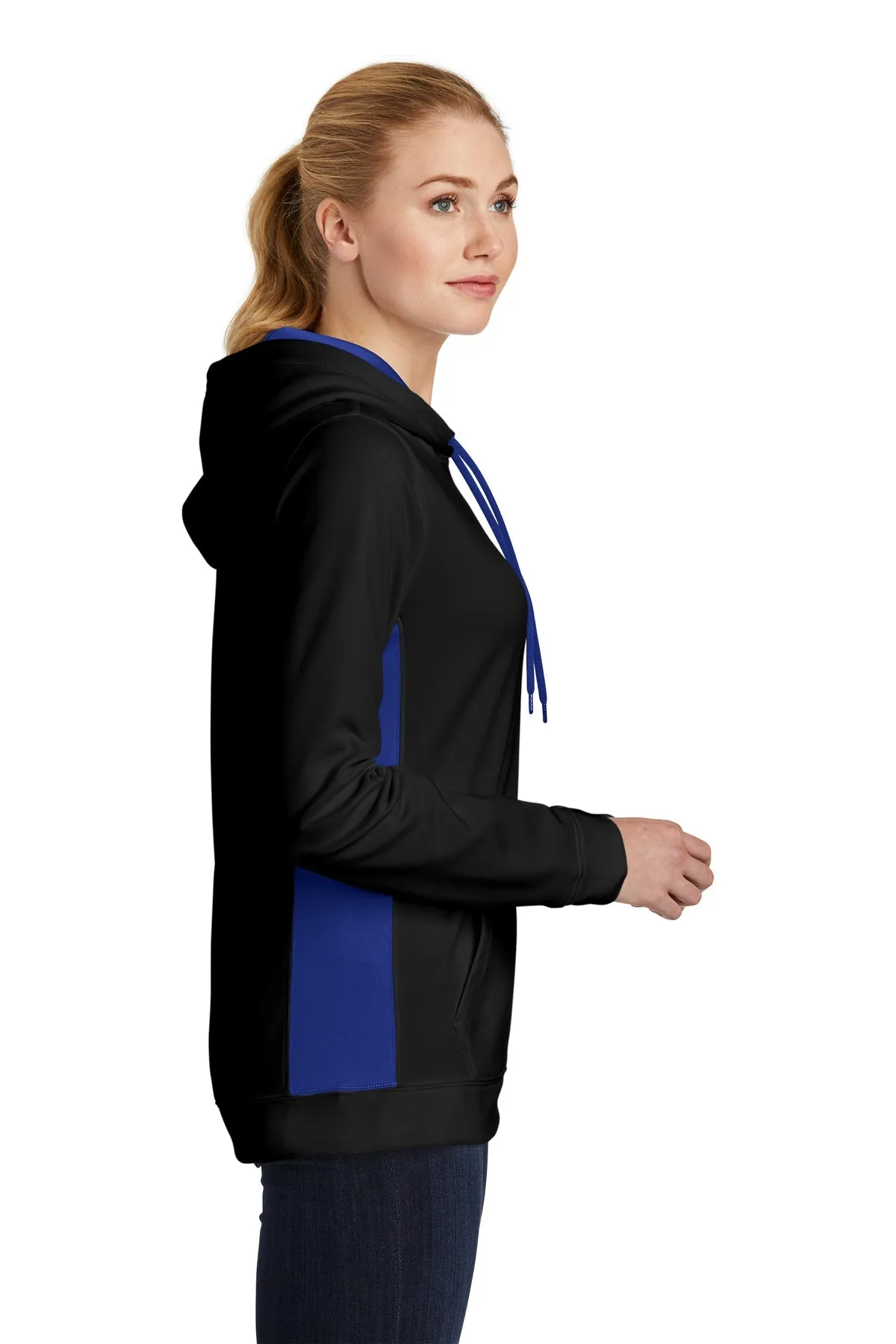 Sport-Tek Ladies Sport-Wick Fleece Colorblock Customized Hooded Pullovers, Black/ True Royal