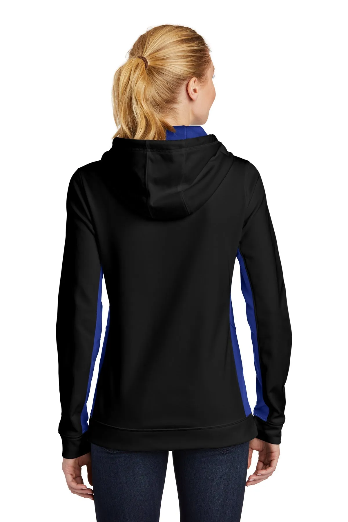 Sport-Tek Ladies Sport-Wick Fleece Colorblock Customized Hooded Pullovers, Black/ True Royal