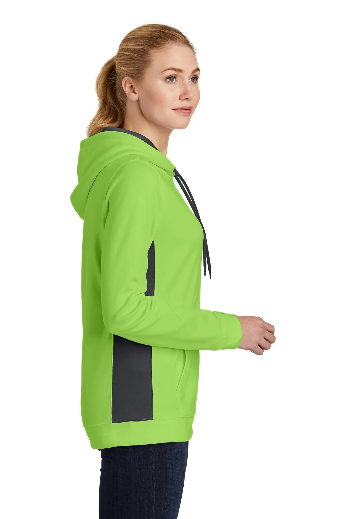 Sport-Tek Ladies Sport-Wick Fleece Colorblock Customized Hooded Pullovers, Lime Shock/ Dark Smoke Grey