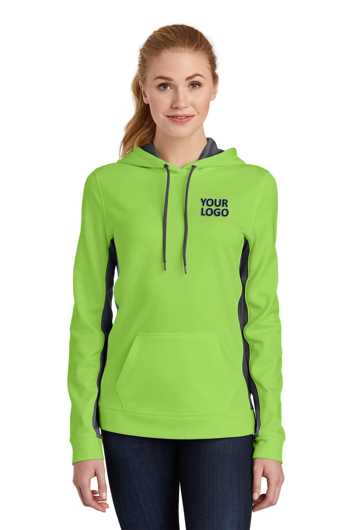 Sport-Tek Ladies Sport-Wick Fleece Colorblock Customized Hooded Pullovers, Lime Shock/ Dark Smoke Grey