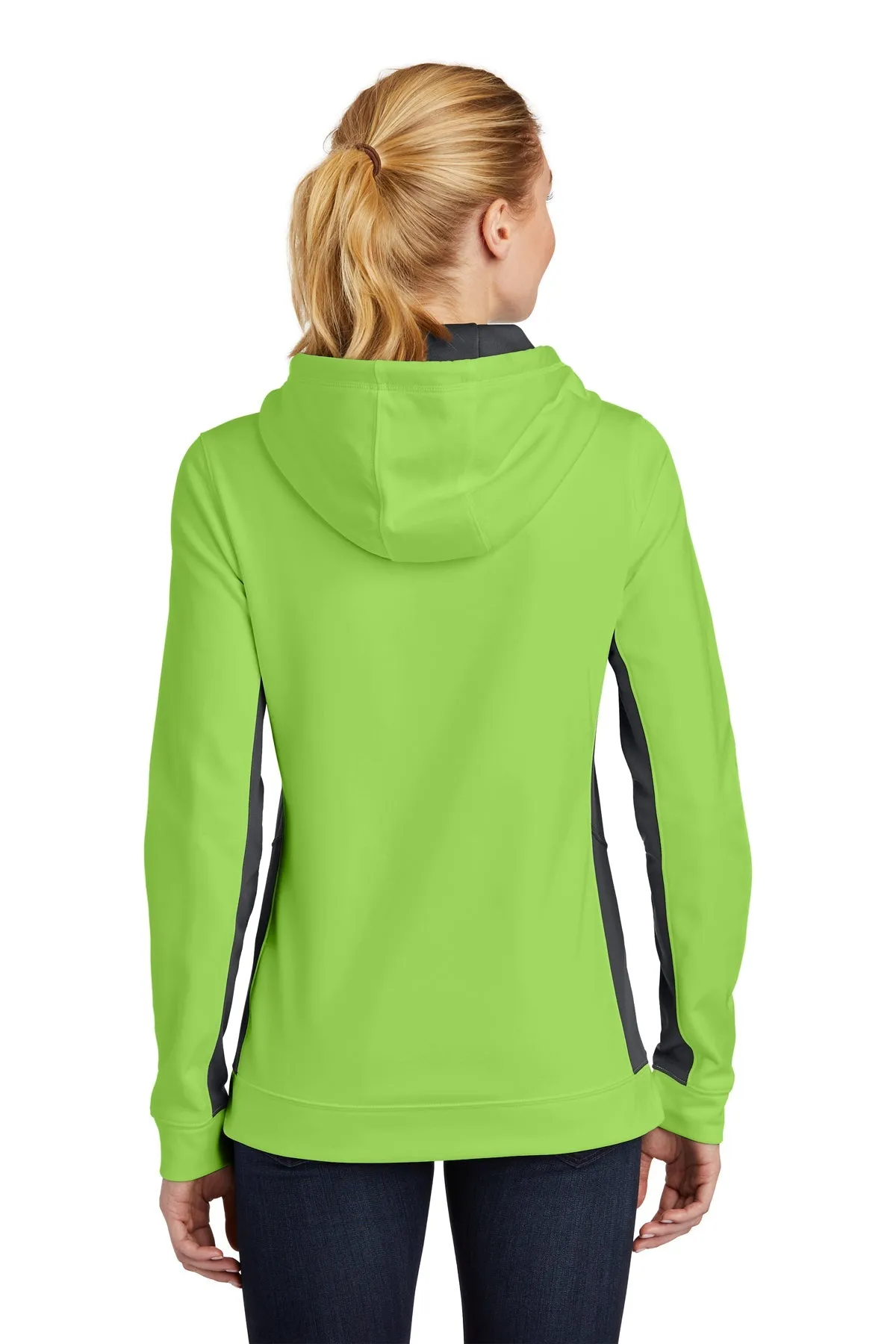 Sport-Tek Ladies Sport-Wick Fleece Colorblock Customized Hooded Pullovers, Lime Shock/ Dark Smoke Grey