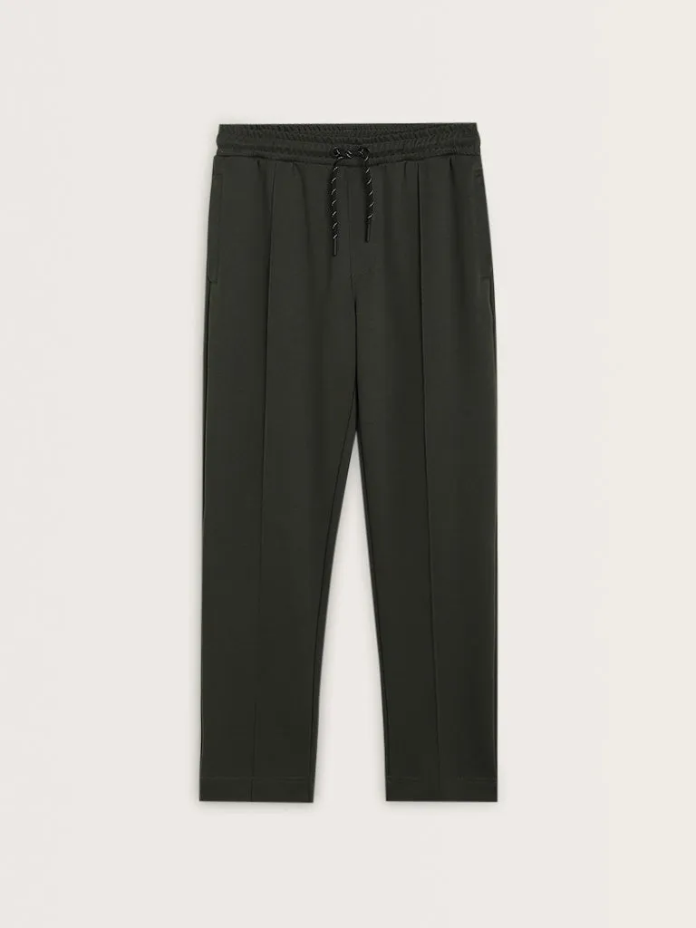 Studiofit Solid Olive Relaxed-Fit Mid-Rise Track Pants