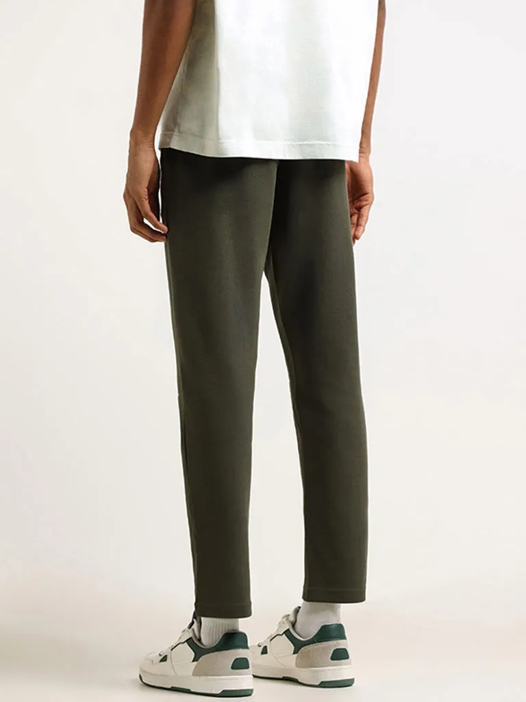 Studiofit Solid Olive Relaxed-Fit Mid-Rise Track Pants