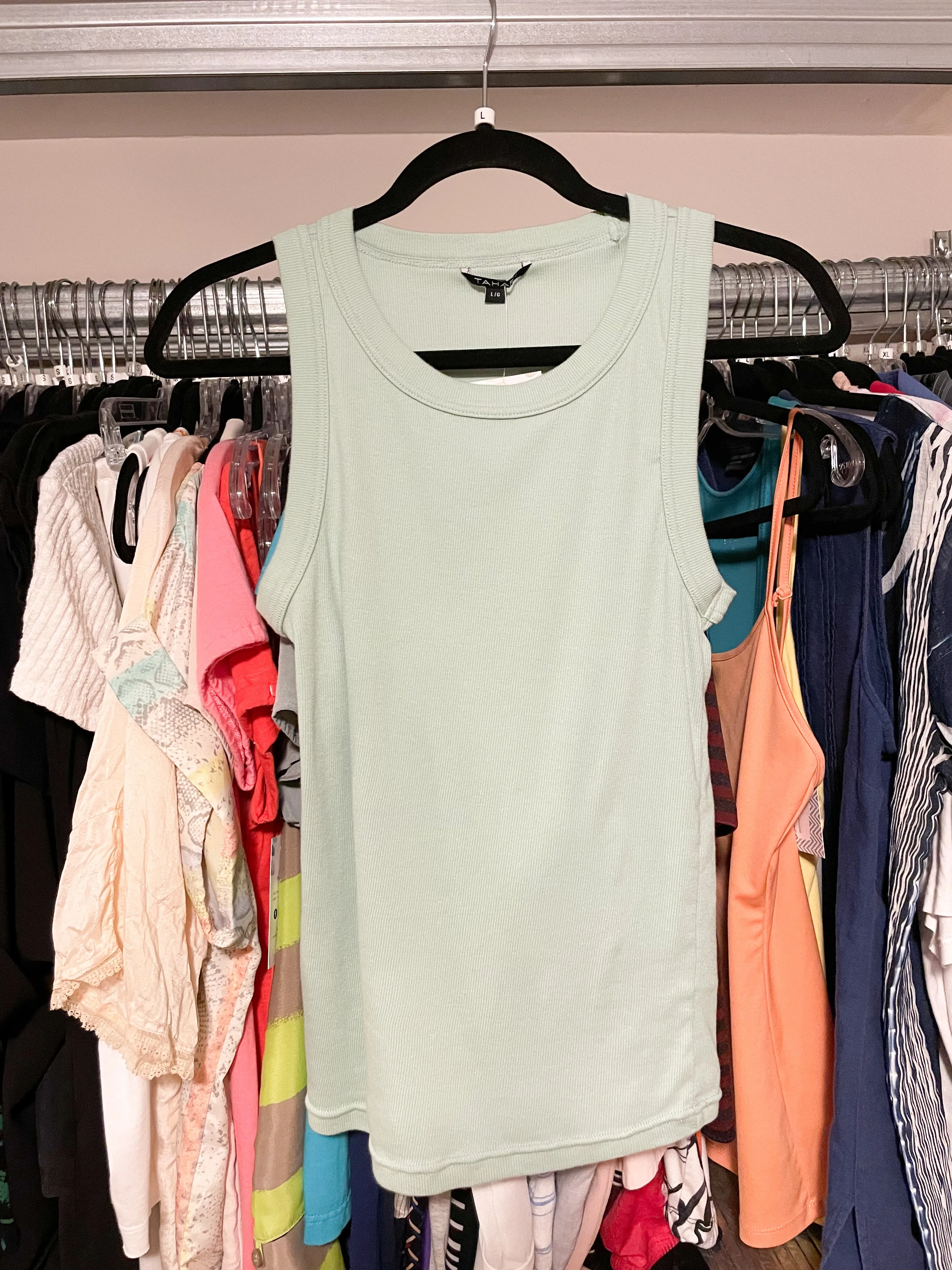 Tahari Sage Green Cotton Tank Top - Large