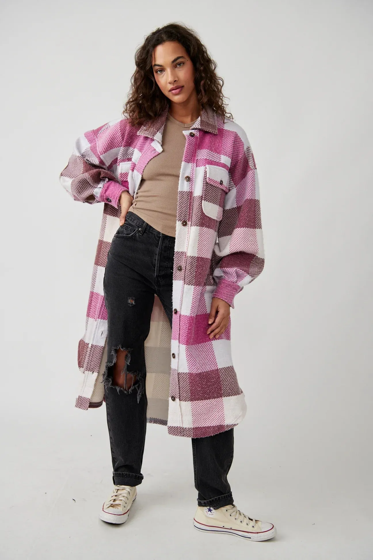 The Plaid Long Ruby Jacket by Free People - Wine Combo